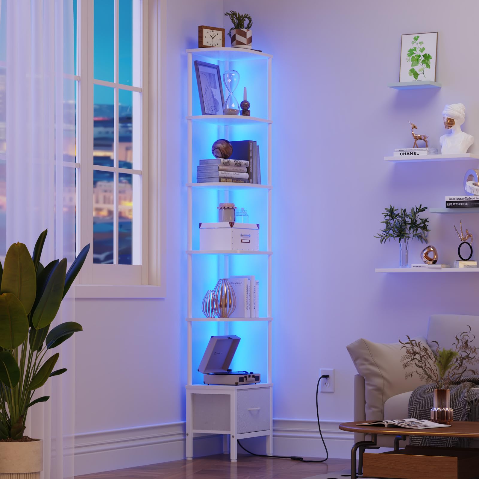 Librería de Esquina con Cajón y Luz LED, Estantería Alta de 6 Baldas (191 cm), Estrecha para Salón o Dormitorio, Cajón de Tela, Blanco