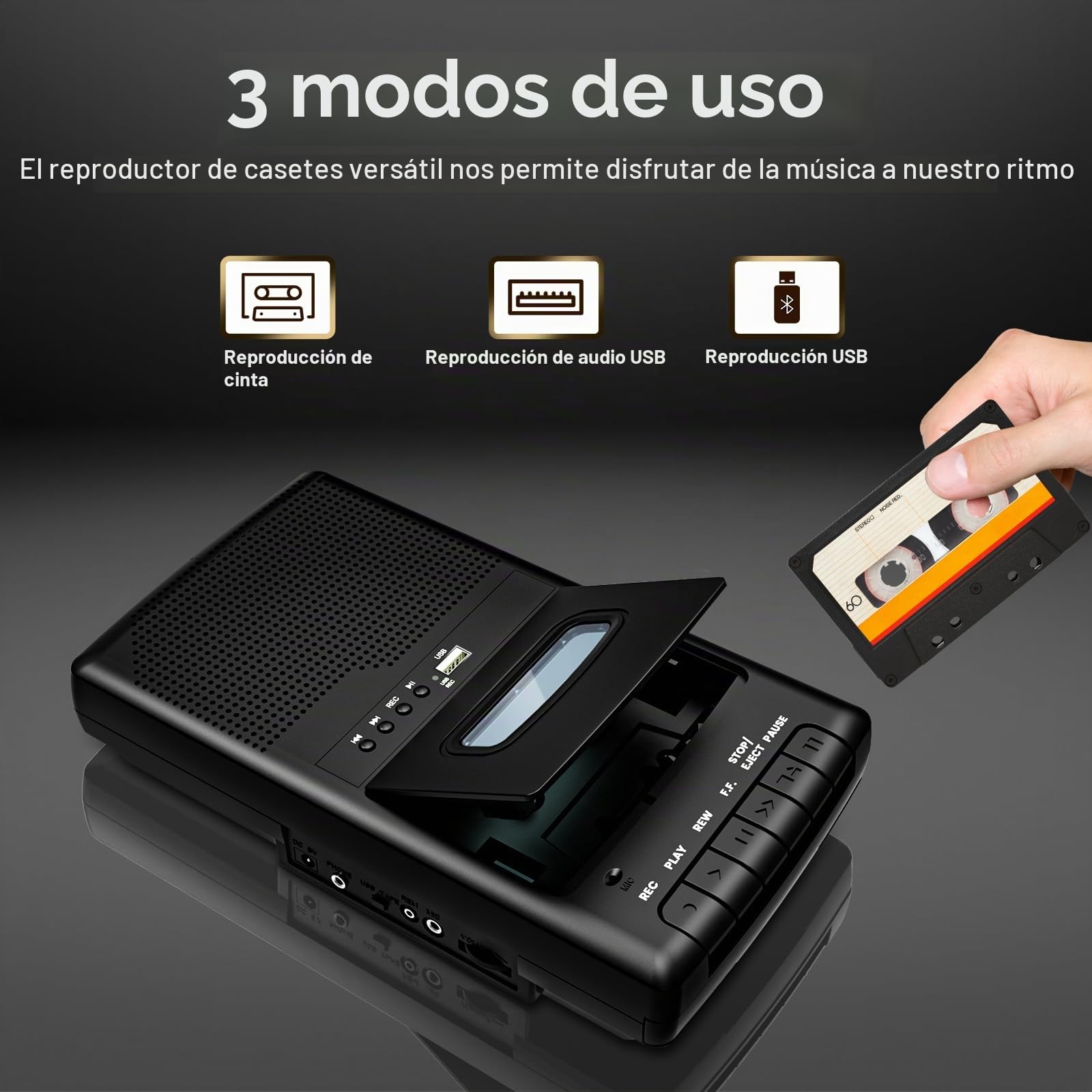 Grabador de Cassette, Reproductor de casetes móvil y digitalizador USB,con Altavoz y micrófono,Mango Extensible, Auriculares