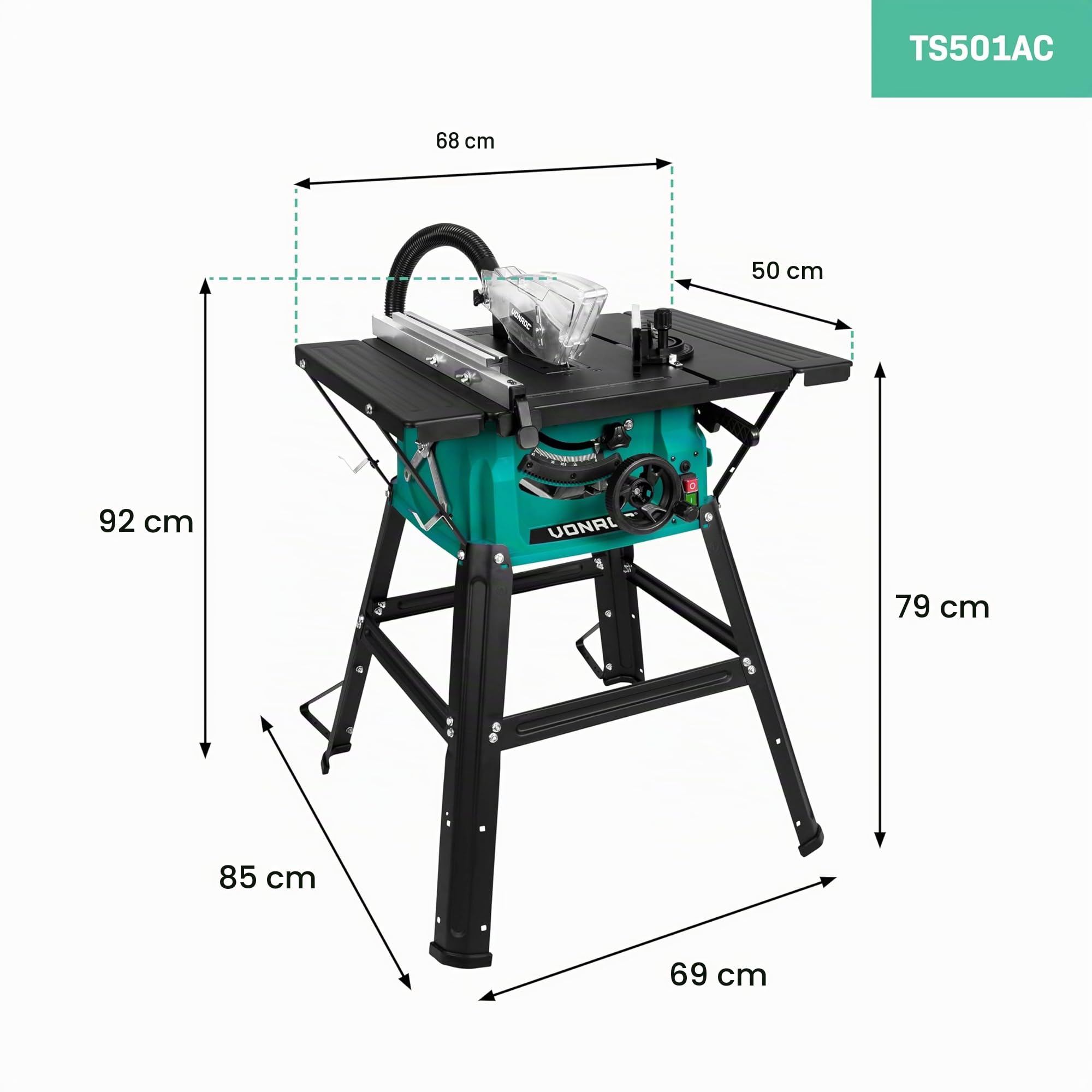 VONROC Scie sur table 1500W Lame 210 mm 40 dents universelles coupe droite inclinée bois plaque extensions guide d'onglet parallèle support inclus