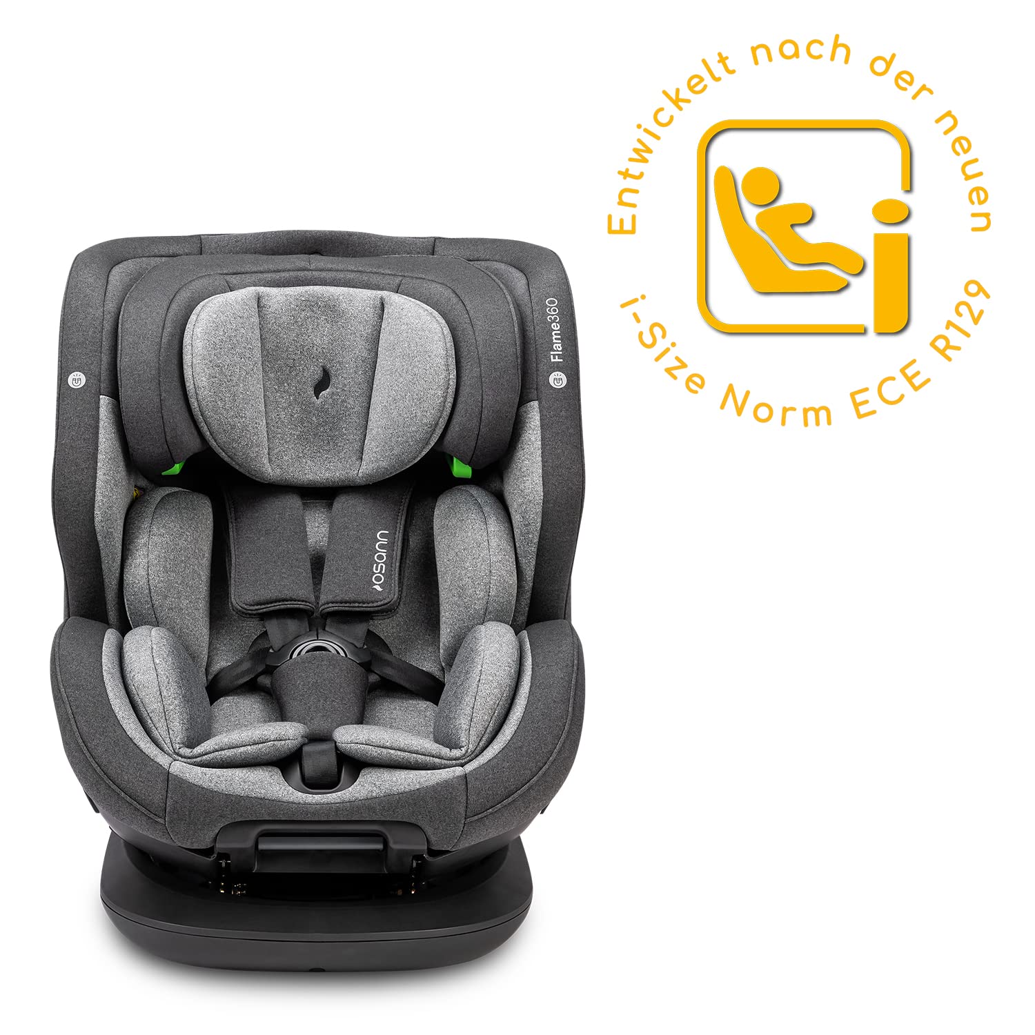 OSANN - Seggiolino Auto Girevole Flame 360 Isofix I-Size - 40-150 cm - Grigio - 14 Posizioni - Imbracatura a 5 punti, cintura a 3 punti, rivolto in avanti/rivolto all'indietro