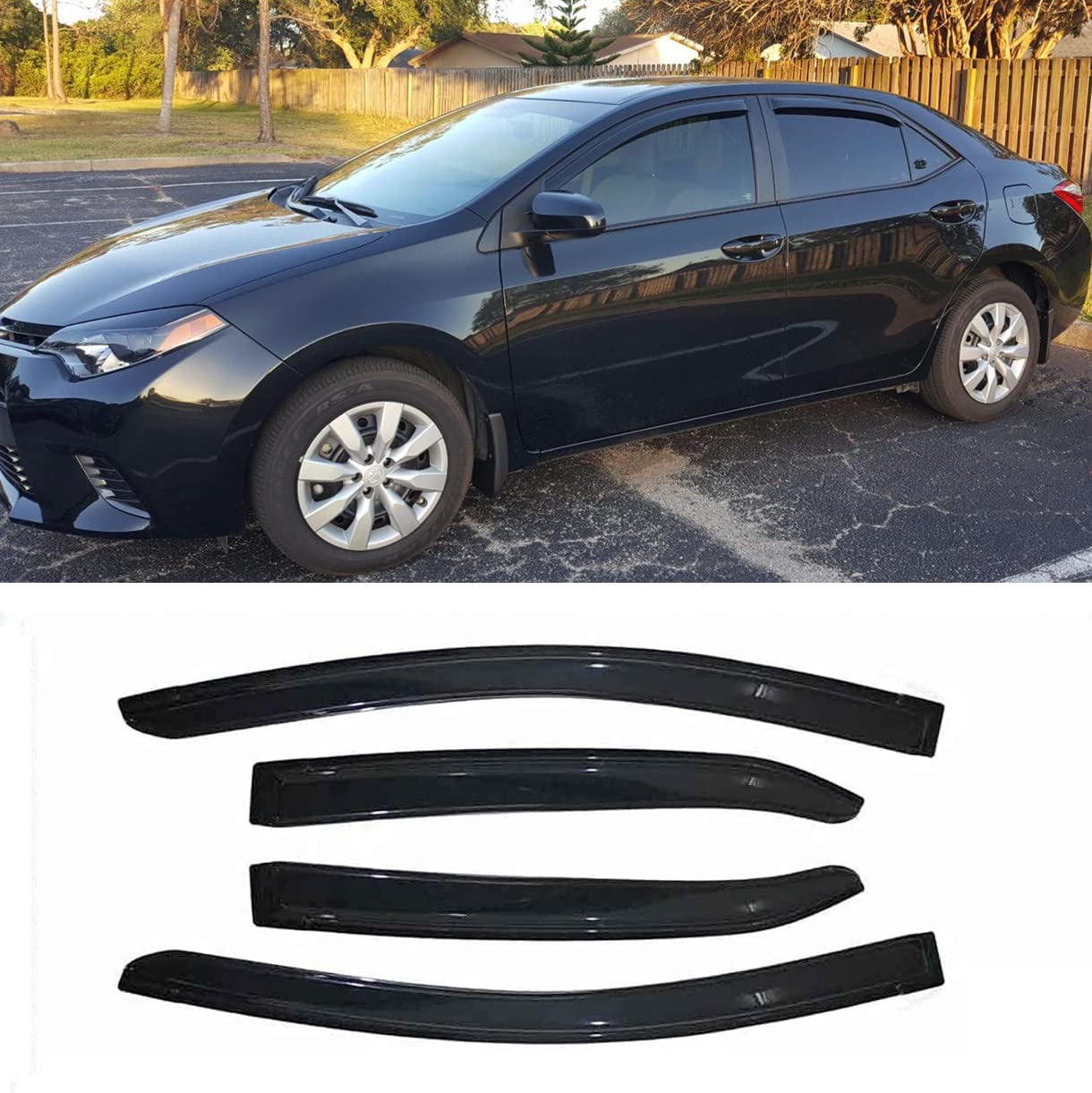 94989 Side window Visors Wind Vent Deflector fit for 2014-2019 Toyota Corolla (E170),4pcs Out-Channel Tape On Dark Smoke Sun Rain Guards