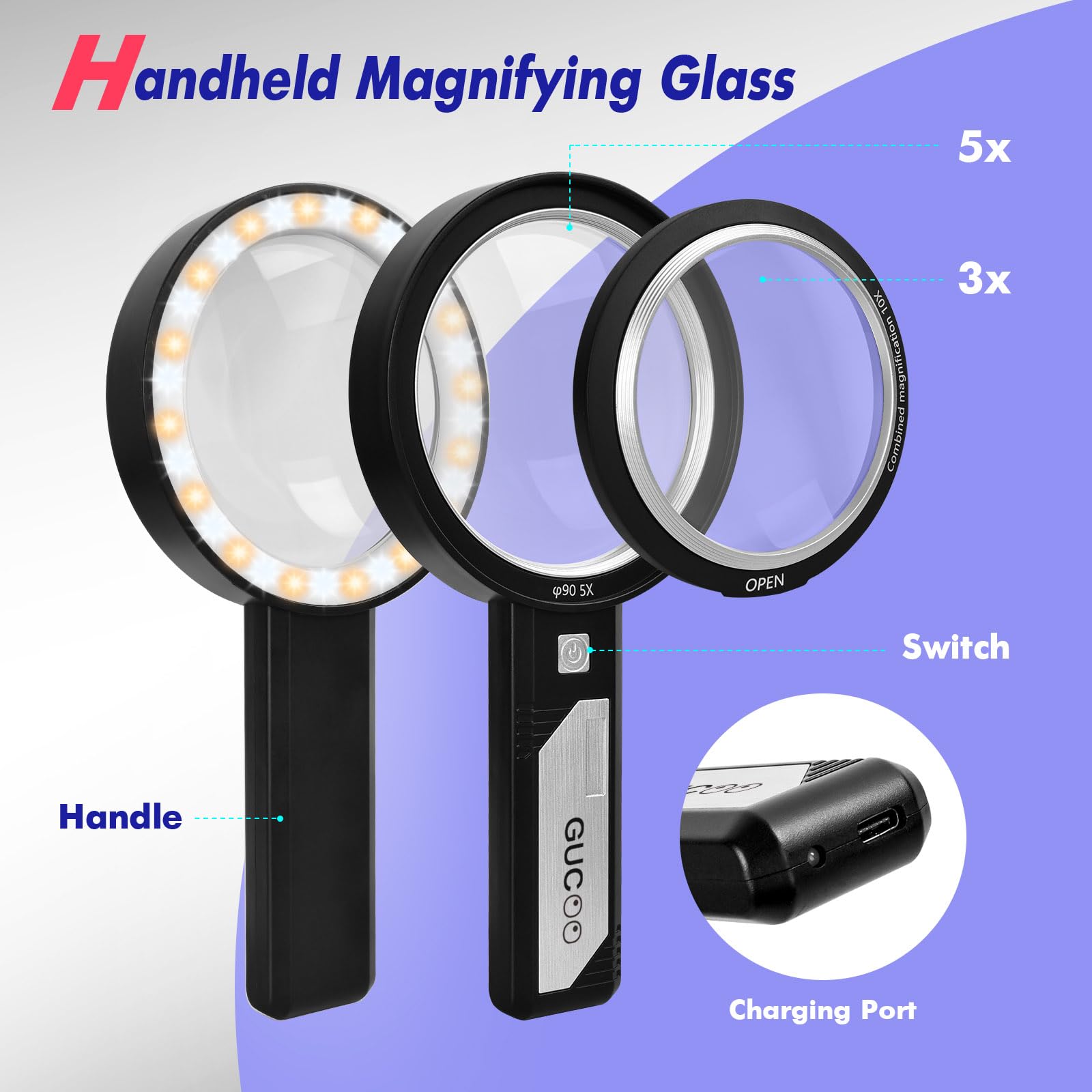 Lupa con luz para trabajo cercano, lupa iluminada de mano 5X 10X para leer joyero senior 32 LED iluminado pequeña lente de mano portátil para joyería carga negra