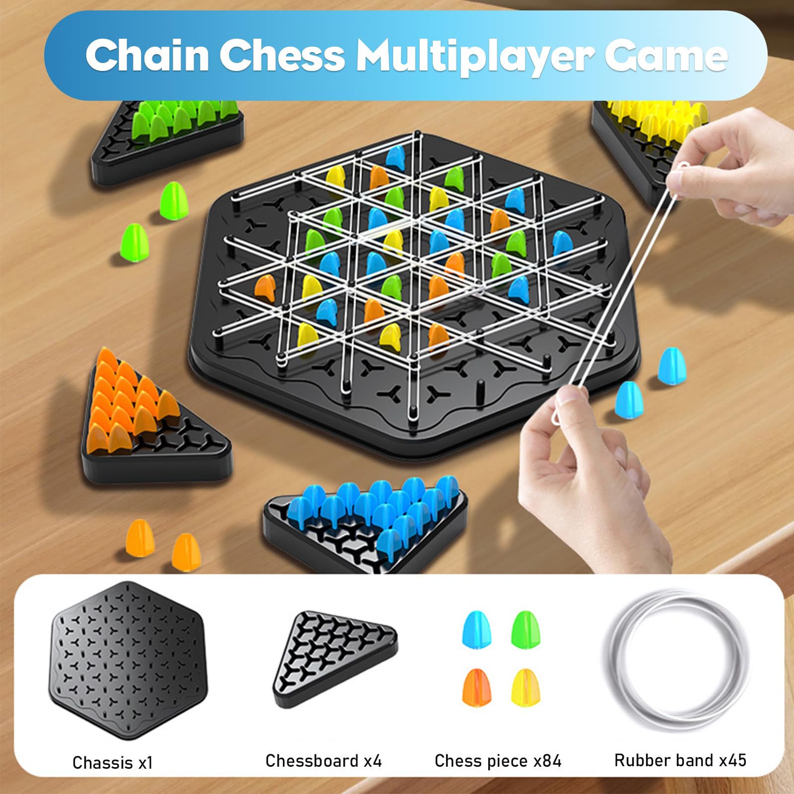 GGesii Gioco a Triangolo a Catena, Triggle Gioco da Tavola con Elastici, Chain Triangle Chess Game, per Riunioni di Famiglia con Bambini e Adulti