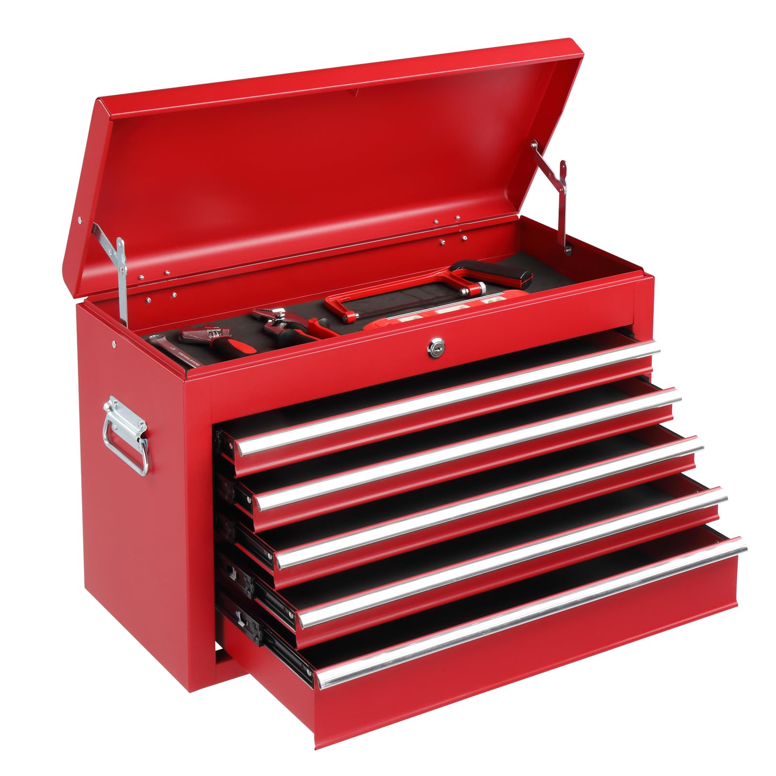 Winado 24" Portable Tool Box, 5 Drawers & Top Storage Tray Tool Box with Drawers, Lockable Metal Tool Chest Cabinet for Garage, Warehouse, Repair Shop & Home, Red