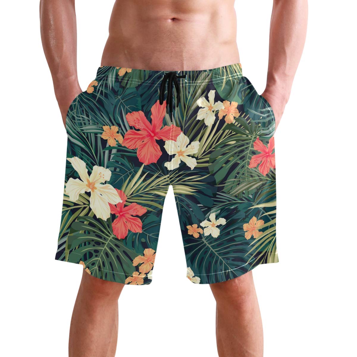 visesunny Stylish Mens Swim Trunks Quick Dry Beachwear Sports Swim Board Shorts Holiday Party Bathing Suits, Palm Floral, Small