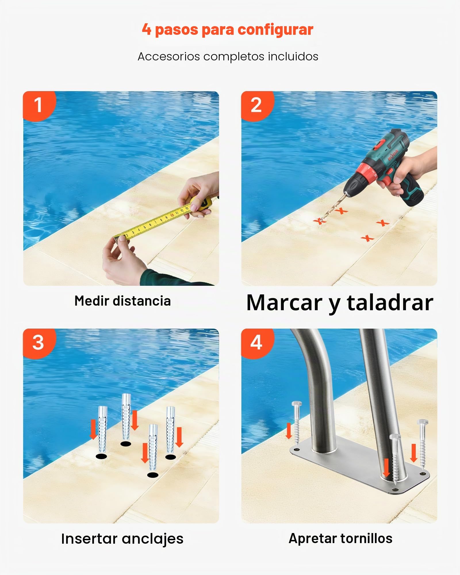 VEVOR Barandilla para Piscina 76,2 x 55,8 cm Pasamanos de Piscina Acero Inoxidable Agarradera Exterior Piscina Carga 113 kg Barandilla de Seguridad de Piscina con Cubierta de Nailon Tornillos Broca M8