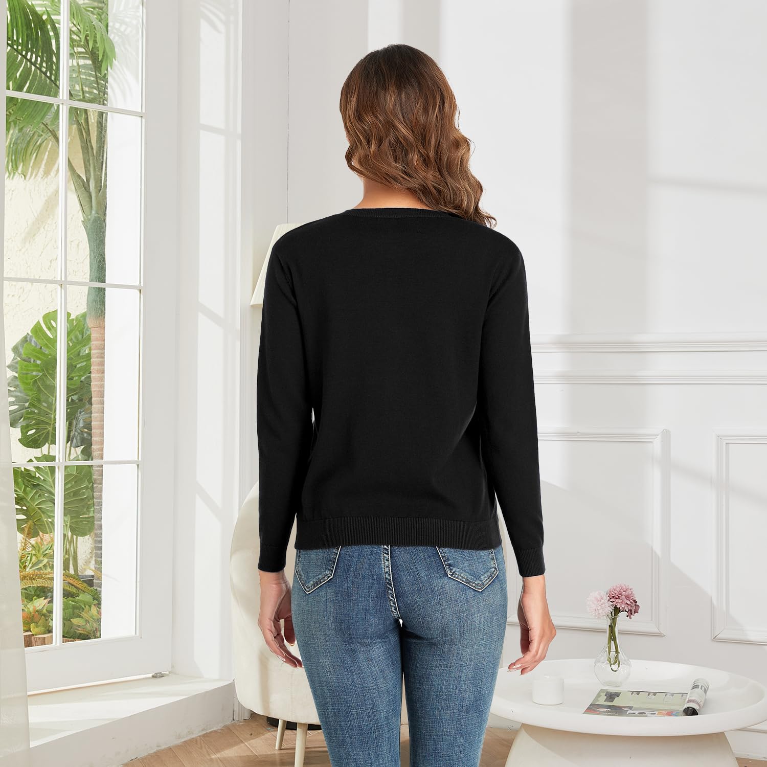 CUNYI Cardigan Donna Maglia con Bottoni Girocollo Classico Manica Lunga Giacca Cappotto Elegante, Nero S