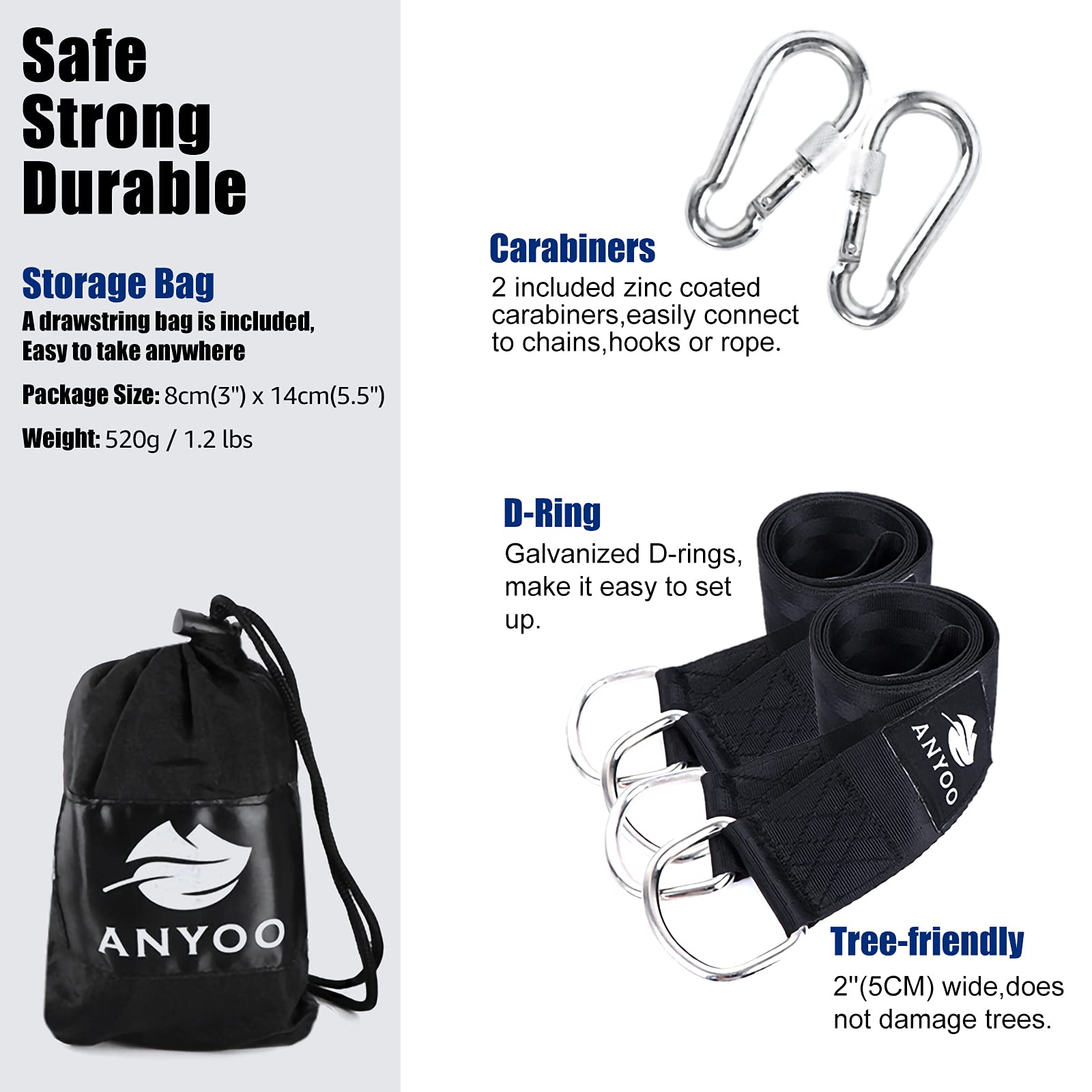 Anyoo Tree Swing Straps-Hängekit, haltbare 59 "Lange × 2" breite Gurte, schwere Stahlkarabiner, einfach und schnell, gut für Schaukeln und Hängematten