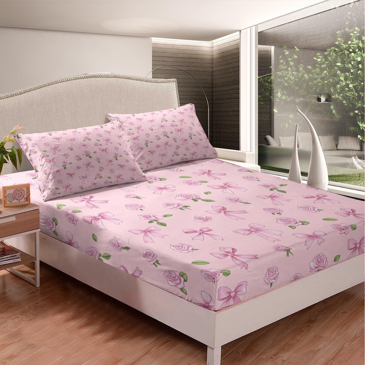 Cute Bowknot Fitted Sheet Twin,Pink Rose Flowers Bed Sheet 2 Pieces(No Flat Sheet),Romantic Botanical Floral Bedding Set for Kids Adults,Watercolor Girly Deep Pocket Sheett Room Decor