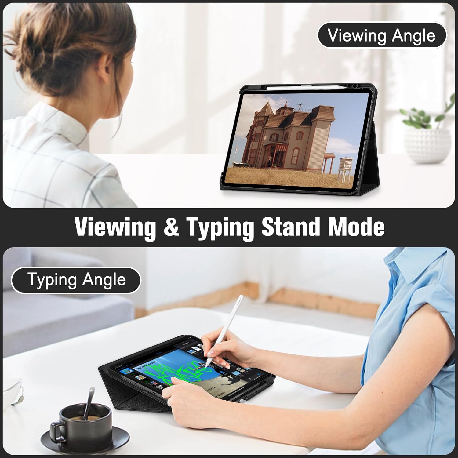 Fintie Folio Case for iPad Air 13-inch (M3) 2025, (M2) 2024 - Premium Vegan Leather Smart Stand Back Cover with Pencil Holder, Auto Wake/Sleep, Black - Image 4