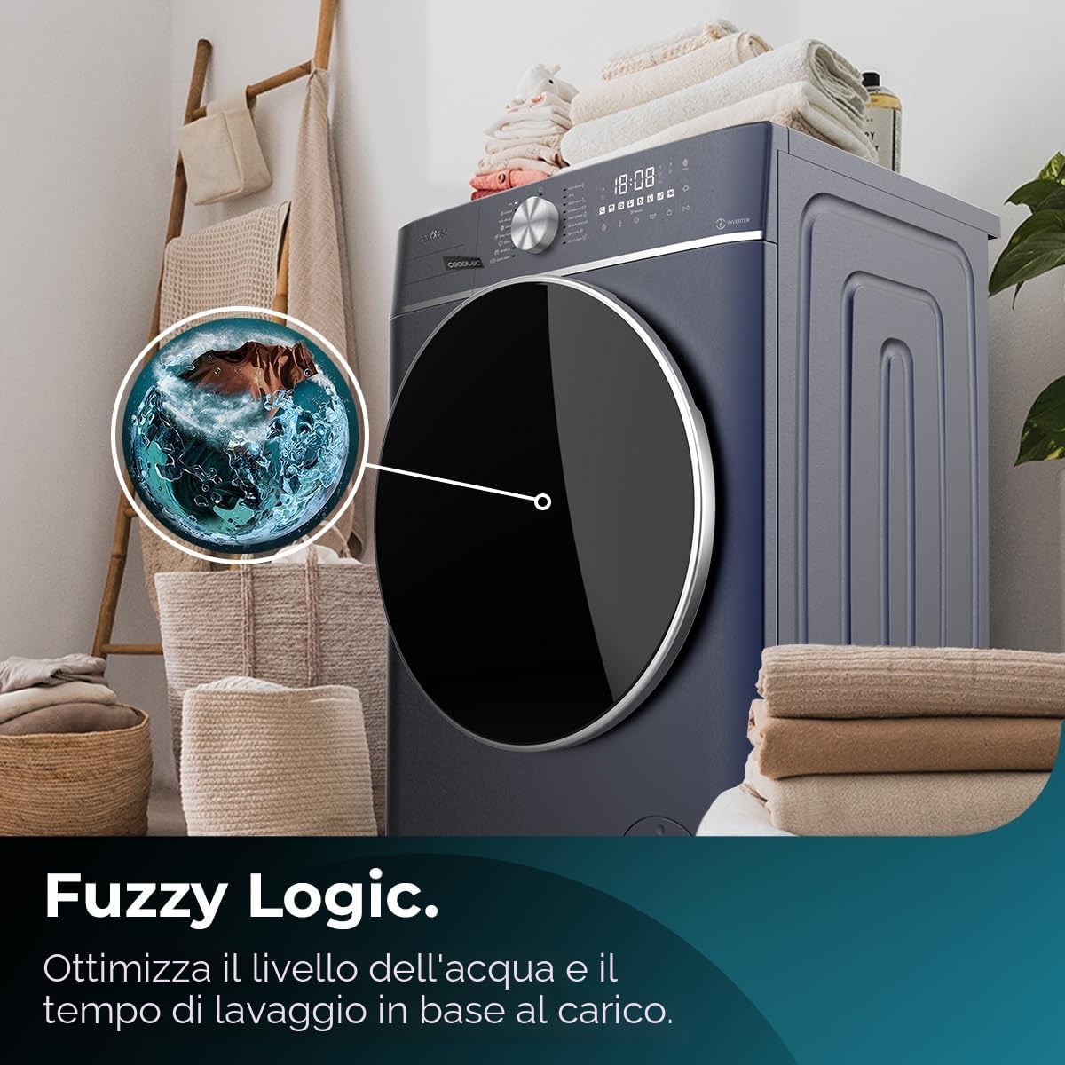 Cecotec Lavatrice 8 Kg Carico frontale Bolero DressCode 8800 Inverter Ice Blue A. 2000 W, 1400 giri/min, 16 programmi, basso consumo, motore inverter Plus, SteamMax, ricarica automatica e display