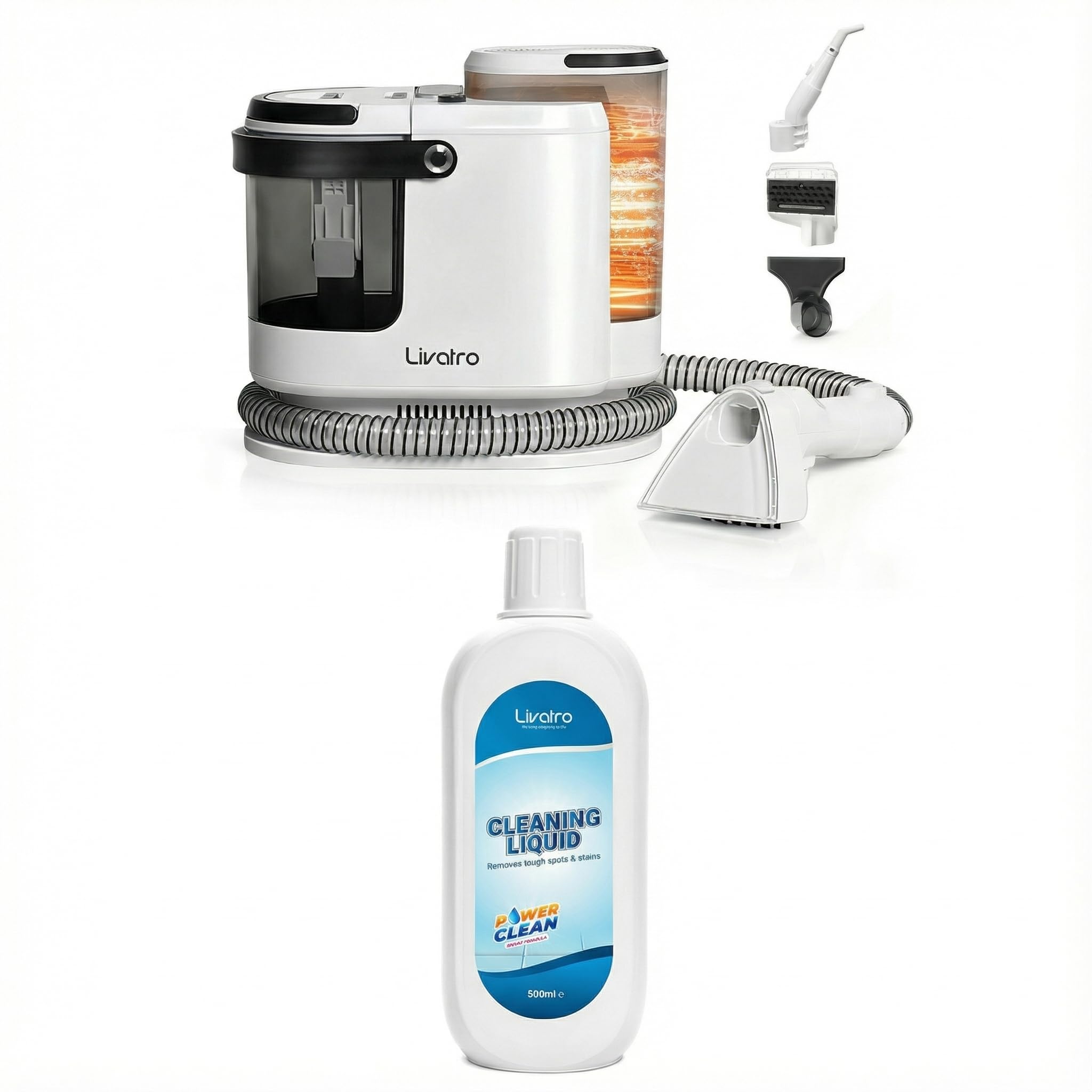 Livatro Set 2‑in‑1 Lavatappeti e Divani 1700W 15KPa + Detergente Concentrato 500 ml, Pulitore a Vapore 100°C con Serbatoio 1,6 L per Divani, Tappeti, Moquette e Interni Auto