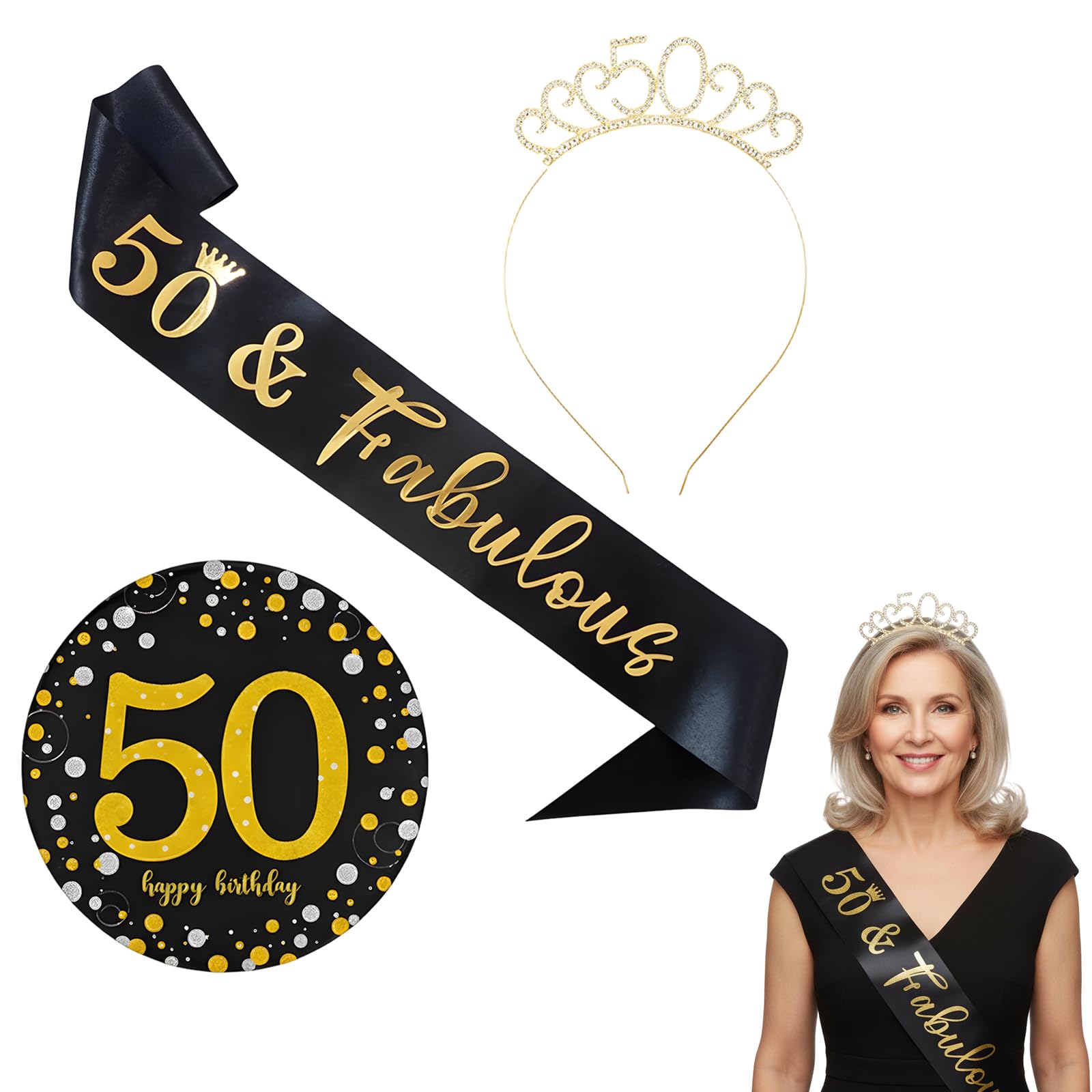 YTLSDHF 3-Piece 50th Birthday Sash for Women, 50th Birthday Badge and Sash Set, 50th Birthday Party Outfit, 50 Sash for Women Celebration Accessories, Elegant 50th Birthday Decorations