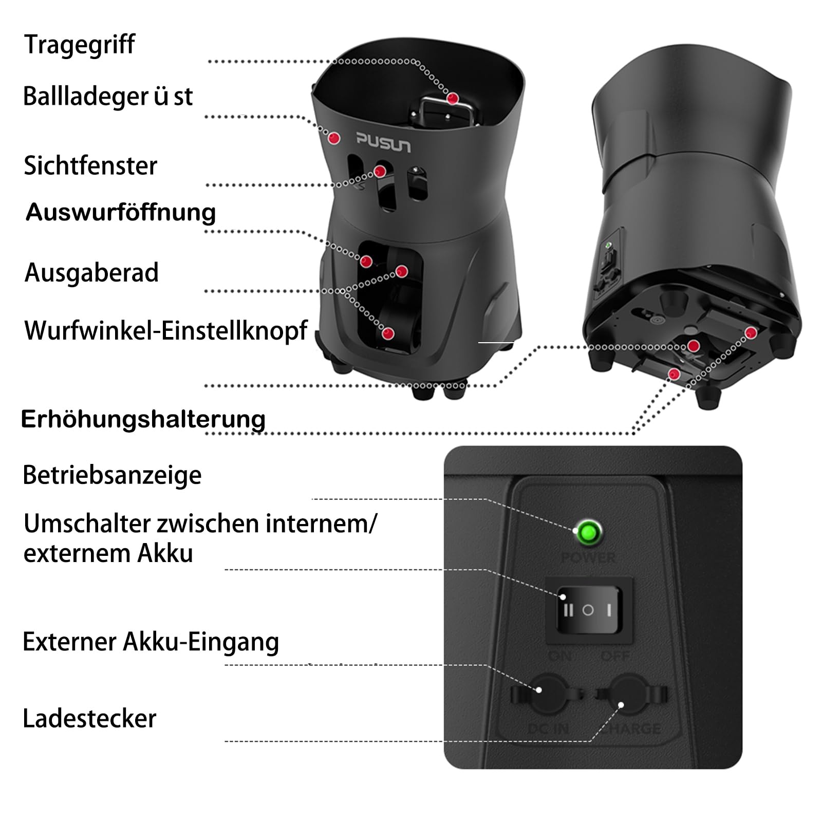 PUSUN PT-MINIPro Tragbare Tennisballmaschine - Leichte Indoor-Tennismaschine mit APP-Steuerung, 65-Ball-Kapazität & Lehrsystem, Intelligenter Tennistrainer für Schulen (3-5 Stunden Akku)