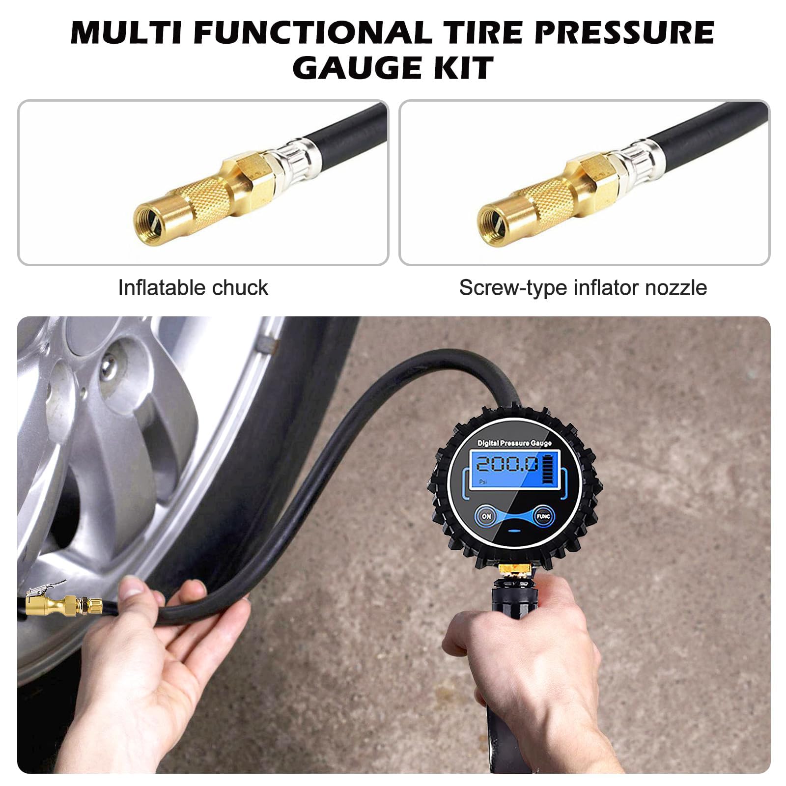 Set di 200 PSI, misuratore di pressione pneumatici, multifunzione, misuratore di pressione pneumatici, calibrato, gonfiatore per pneumatici con diversi pezzi di ricambio, valvola nucleo per auto e