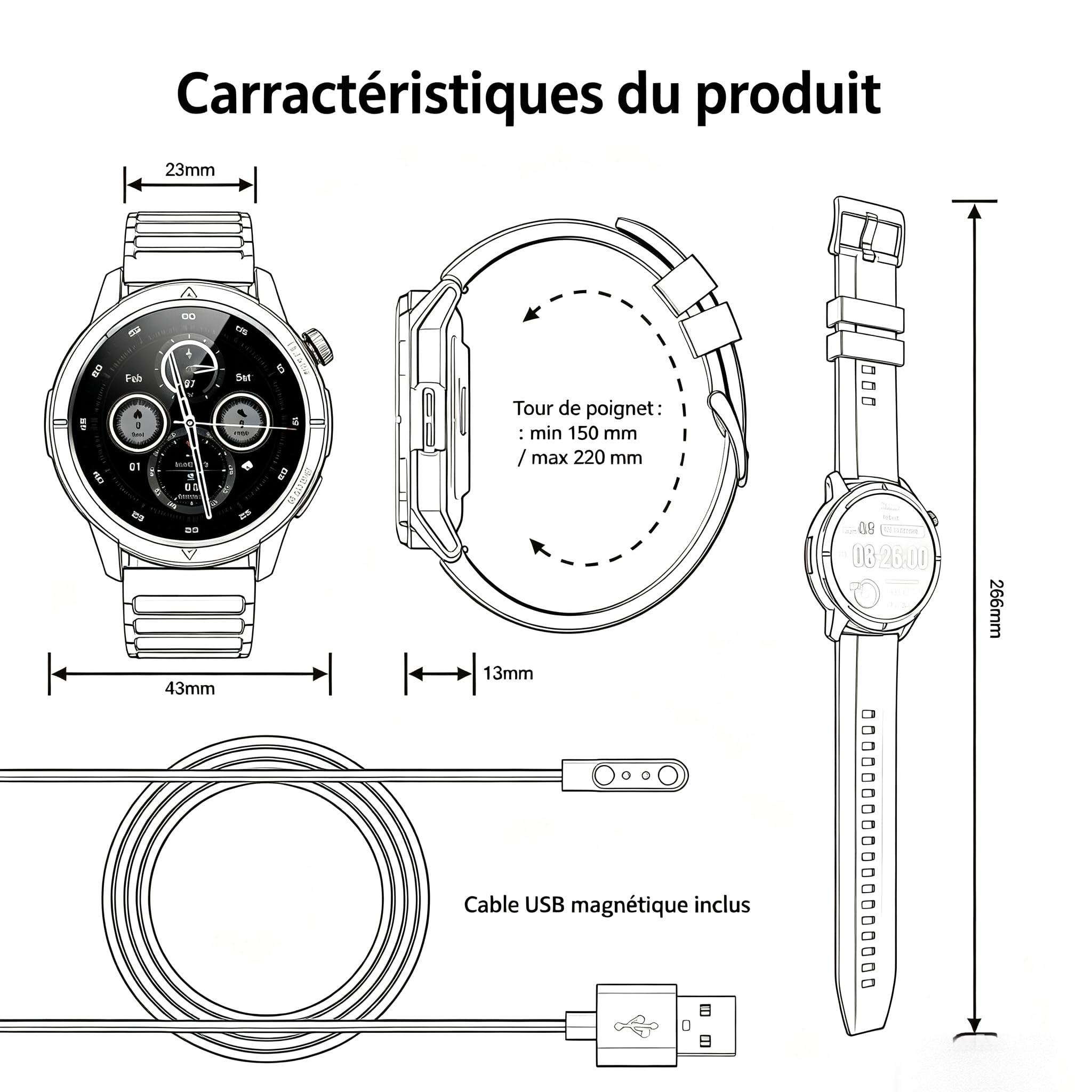 AGM Legion Montre Connectée 5ATM Écran AMOLED 1.43" iOS Android | 100 + modes，Bracelet Magnetique iOS Android