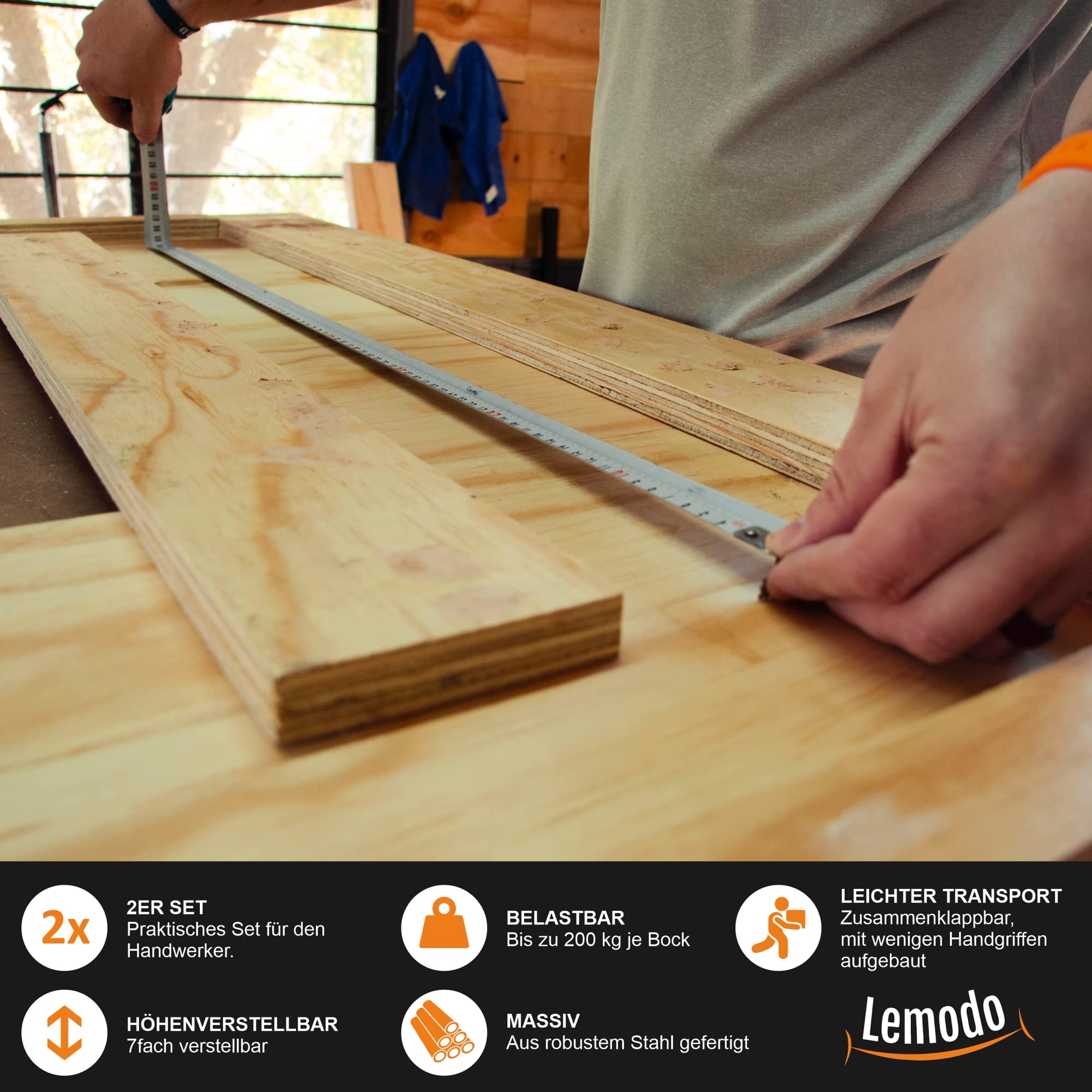 LEMODO Arbeitsbock 2er Set – höhenverstellbarer Klappbock aus Stahl, 7-fach verstellbar von ca. 80–130 cm, Unterstellbock mit 200 kg Tragkraft pro Bock für Werkstatt, Baustelle & Renovierung