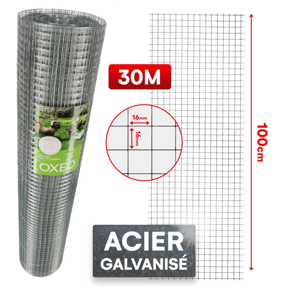 Oxeo Grillage à Poule 30m Haut 1m - Acier galvanisé à Chaud – Maille 16x16mm - Filet de clôture pour poulailler - Epaisseur Fil 0,8mm