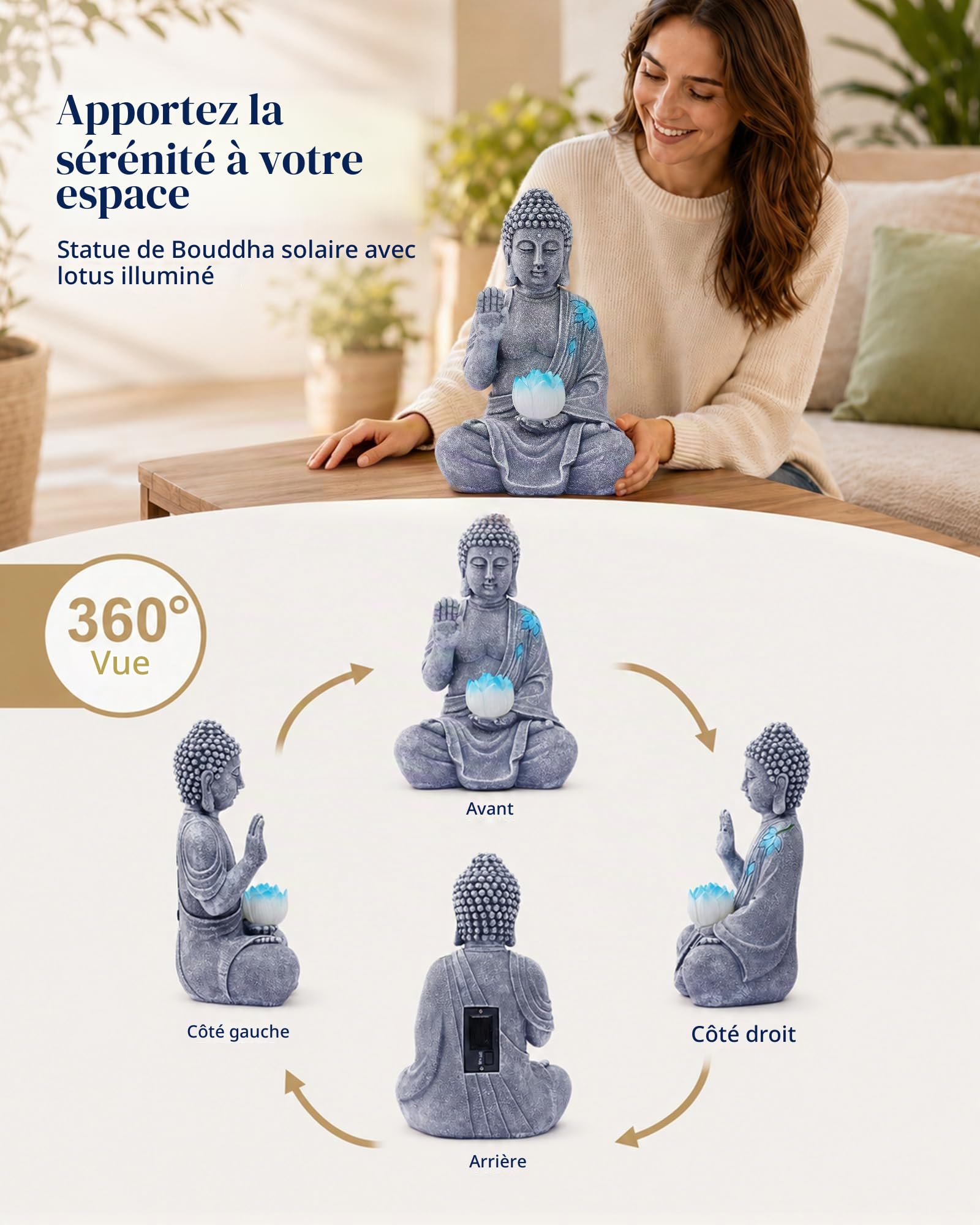 Yeomoo Statue de Bouddha avec LED solaire Lotus Décoration de jardin - Figurine de méditation résistante aux intempéries pour jardin Zen, salon Feng Shui, cadeau spirituel pour femmes, maman, hommes