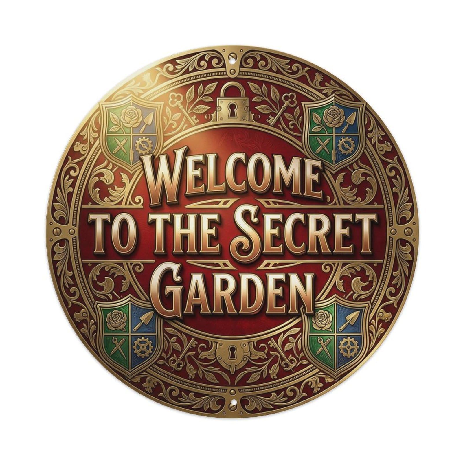 Vintage Welcome Secret Garden Brass Crimson Engraved Metal Tin Sign
