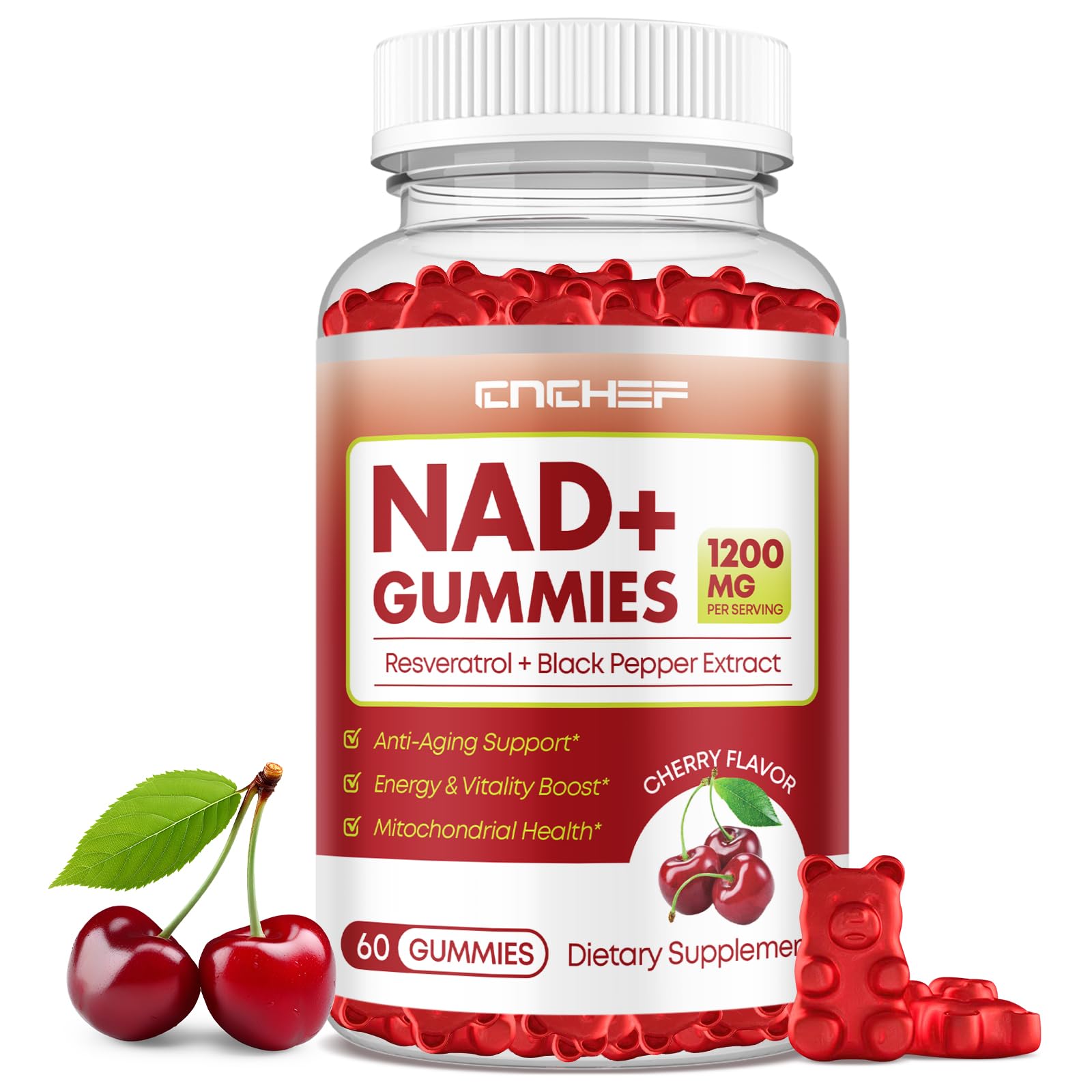 NAD+ Gummies, 1200mg Liposomal NAD Supplement for Women & Men with Trans-Resveratrol & Black Pepper Extract Anti-Aging Supplement, Brain & Cellular Mitochondrial Health - 60 Gummies Cherry Cherry 60 Count (Pack of 1)