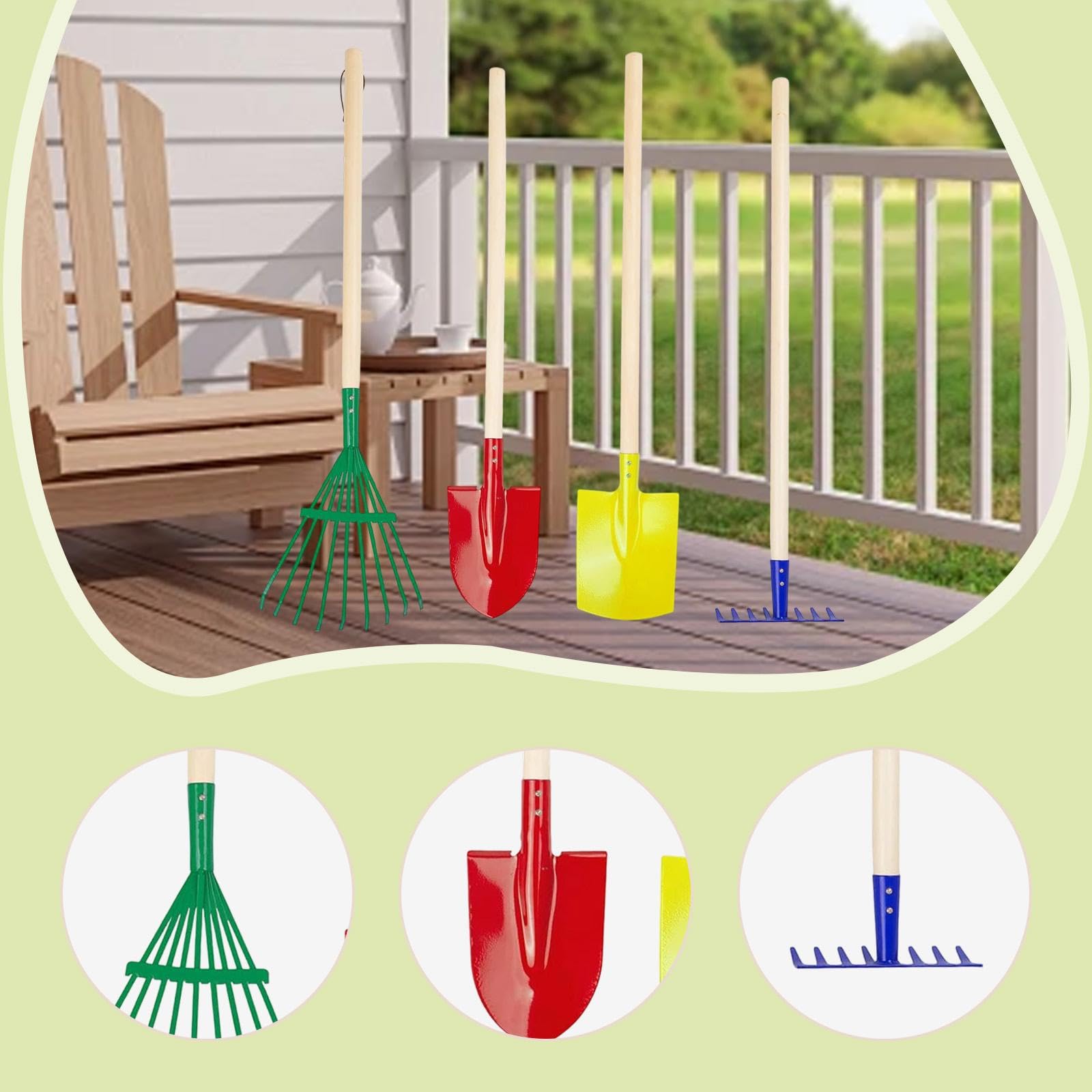 4 Piezas Rastrillo para Niños Kit de Herramientas de Jardinería Infantil Rastrillo Hoja Mango Largo Acero Carbono Ligero Adaptado para Juegos