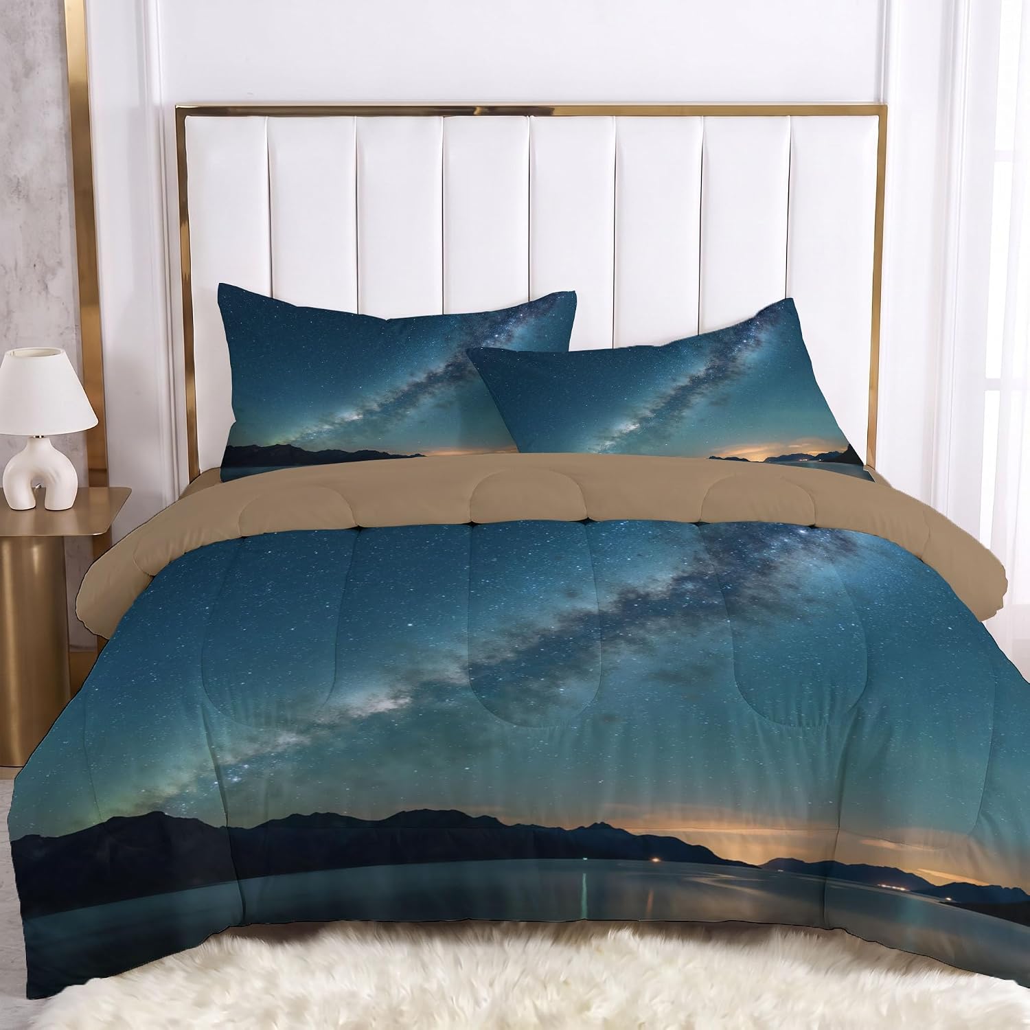 Natural Scenery Comforter Set King Size, Mountains Lakes and The Milky Way Bedding Set for Girls Boys, Blue Quilt Bed 104"X90" Bedding Comforter Sets with 2 Pillowcase Room Decor