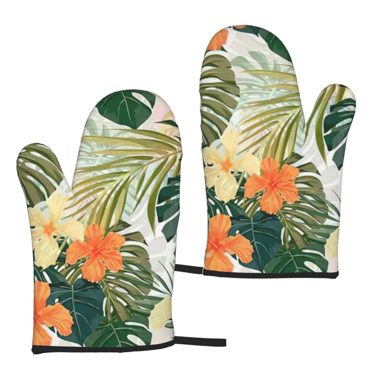 Vegetation Leaves With Hibiscus Flowers Print Women Men Universal Fit Heat Resistant Oven Gloves Cooking Grilling Indoor Outdoor