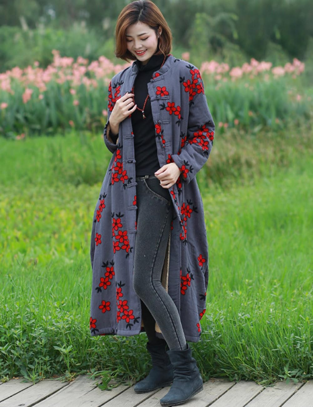 NFYM Women Fleece Lined Long Jackets Boho Flower Embroidered Button Down Long Overcoat Warm Winter Outwear - Image 3