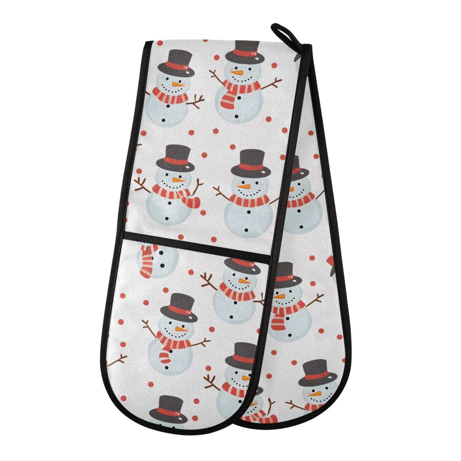 Double Oven Gloves Cute Snowman Dots Heat Resistant Pot Holder Oven Mitt Gloves for BBQ Cooking Baking Grilling Microwave