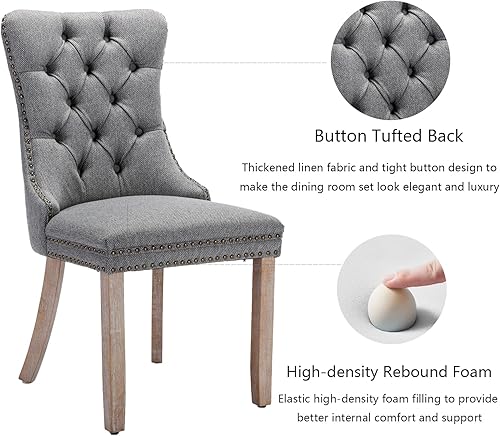 Miniatura 4 de Juego de 2 sillas de comedor tapizadas de tela de lino con borde trasero de tracción y patas de madera maciza, silla de cocina copetuda de lujo para