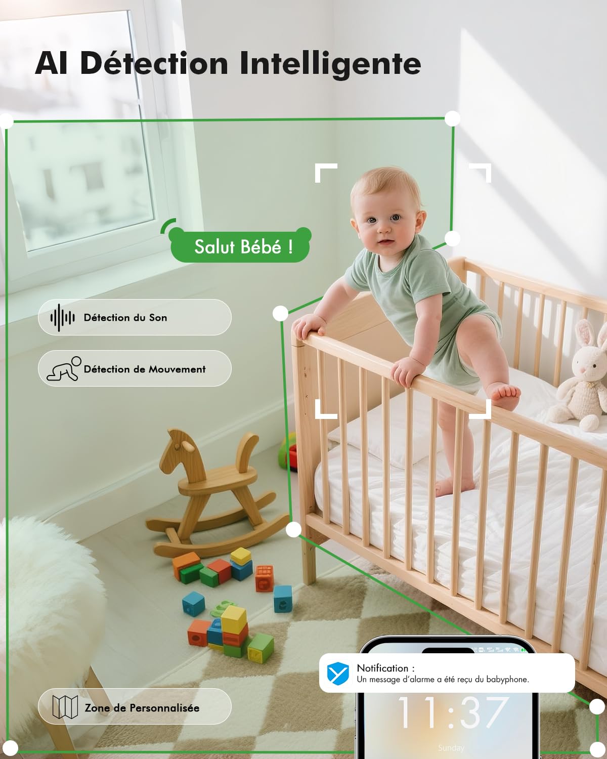 Babyphone Caméra 1080P PTZ 360°, Vision Nocturne Infrarouge, Zoom 4X, Détection de Mouvement et Suivi Automatique