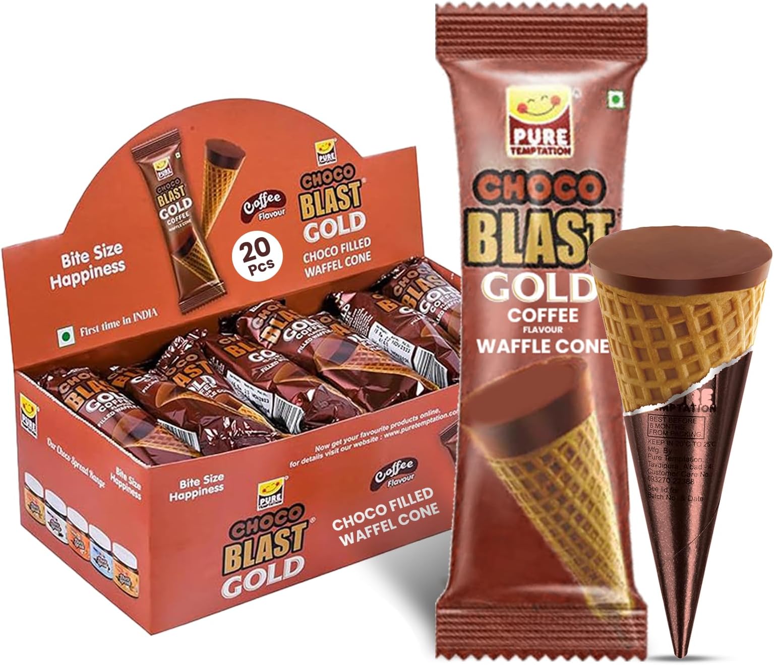 Pure Temptation® Coffee Chocolate Waffle Cone (25 Pcs) - Premium Coffee Flavoured Gift Pack - Choco Cone Coffee Candy Chocolates for Coffee Lovers, Made with Premium Grade Coffee - Pack of 1