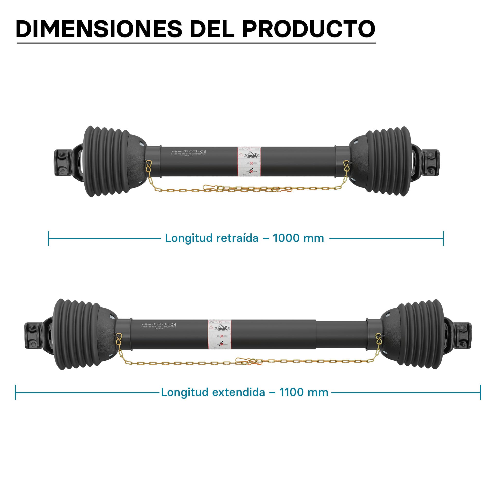 WilTec Toma de Fuerza T8 Eje transmisión cardán 1000-1100mm 1240Nm 540rpm PTO 110kW (150CV) 2x1 3/8" 6 Dien