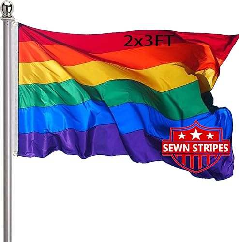 Bandera de orgullo arcoíris de 2 x 3 para exteriores, banderas LGBTQ, bandera de orgullo cosidas, colores vivos, banderas resistentes con 2 ojales