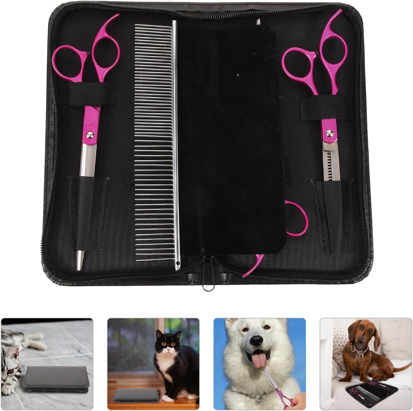Luxshiny Professional Dog Grooming Scissors Set 3pcs Rose Pink 7-inch Straight Curved Thinning Shears with Comb and Carrying Case for Pet Hair Cutting and Trimming