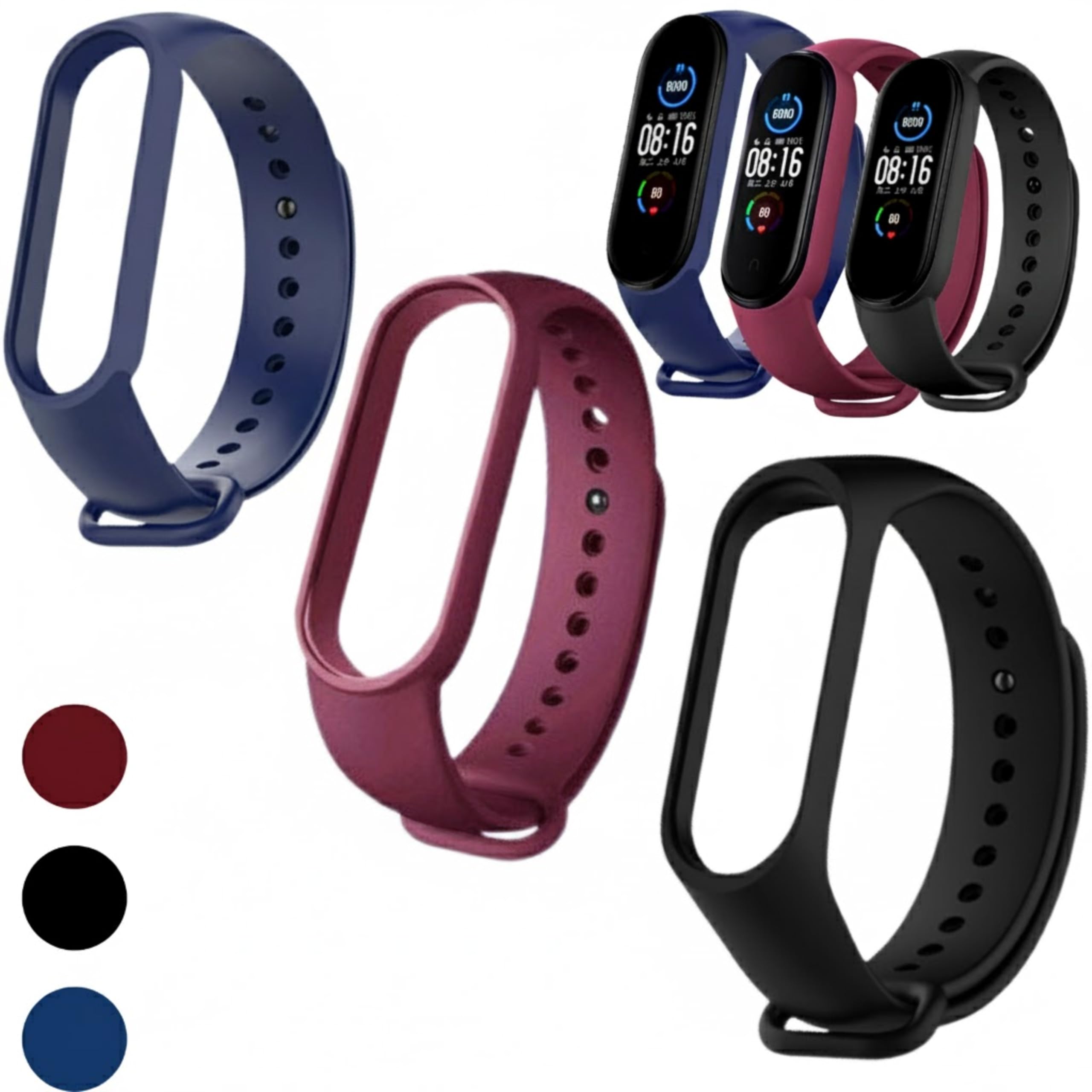 Kit 3 Pulseiras Para Smartband MI Band 5 6 7 Preta,Azul e Vinho Marsala com Pino