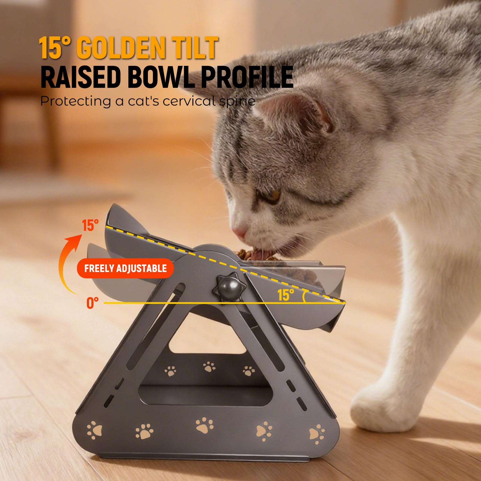 Comedero Gato Elevado,Comedero para Gatos Acero Inoxidable,Cuencos para Gatos Ángulo Ajustable de 0 a 15 Grados,Altura Ajustable de 8,5 a 16 cm,Apto para Gato y Perros Pequeños