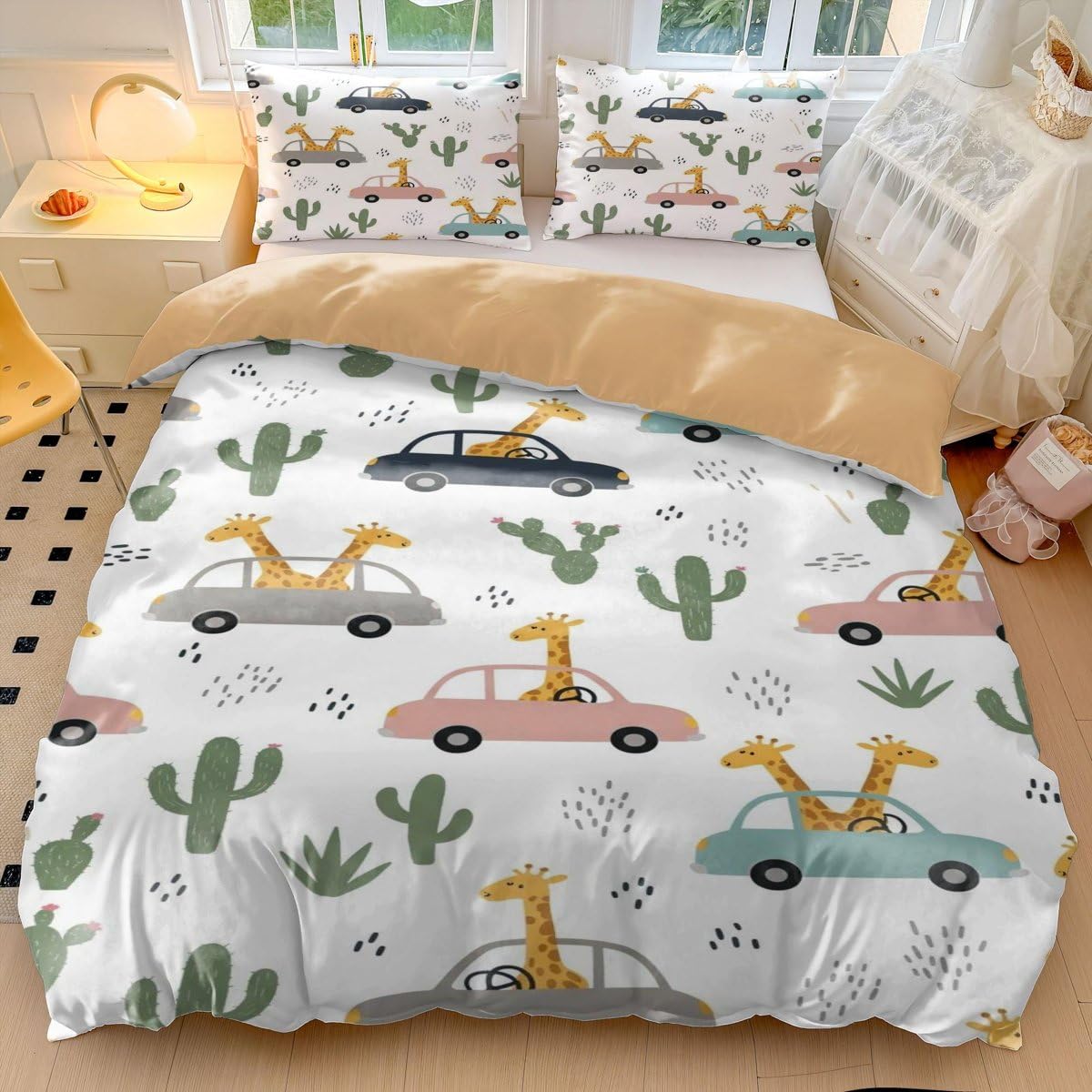 Juego de funda de edredón con estampado de jirafa y cactus de dibujos animados, ropa de cama de microfibra suave para decoración de dormitorio infantil (estilo 1, tamaño King 240 x 220 cm + 50 x 75 cm
