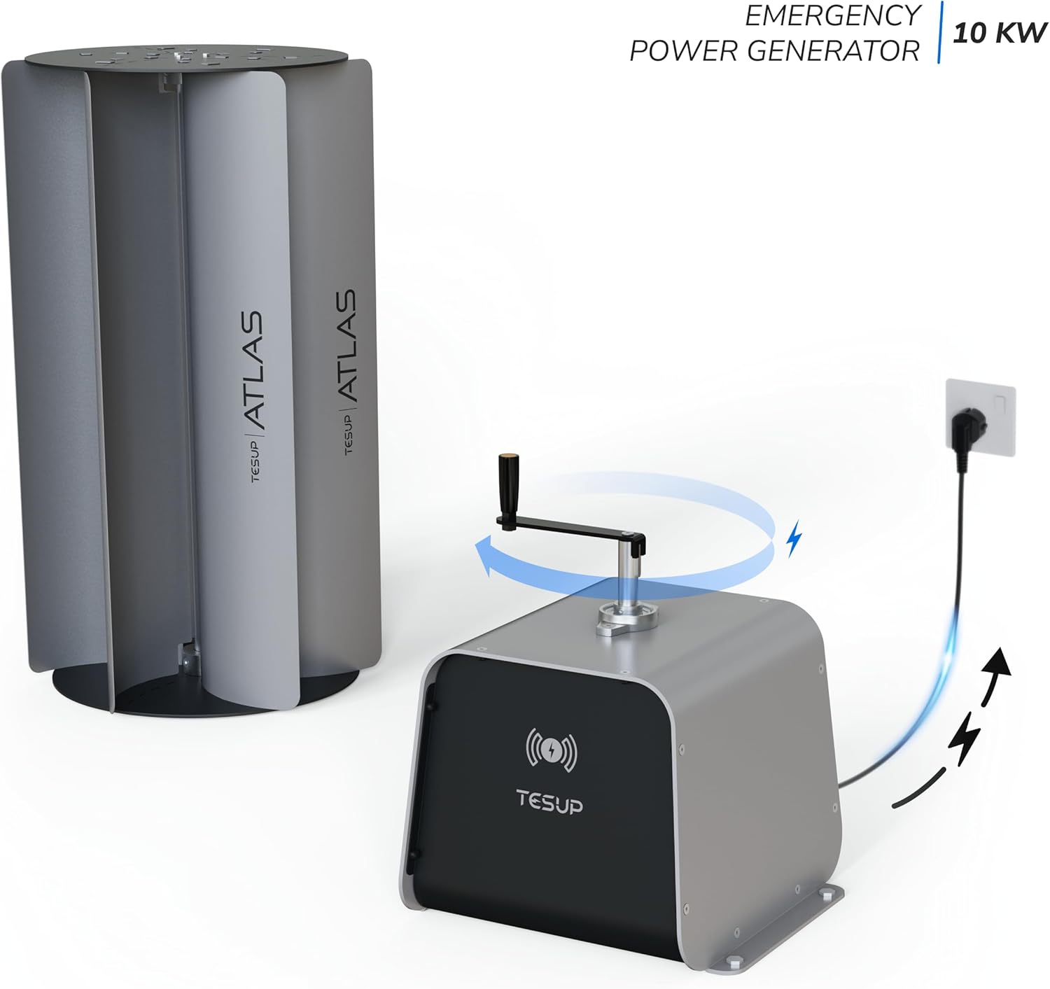 Illustration of the TESUP Atlas generator being operated by hand-crank, showing power being generated and flowing to an electrical outlet.