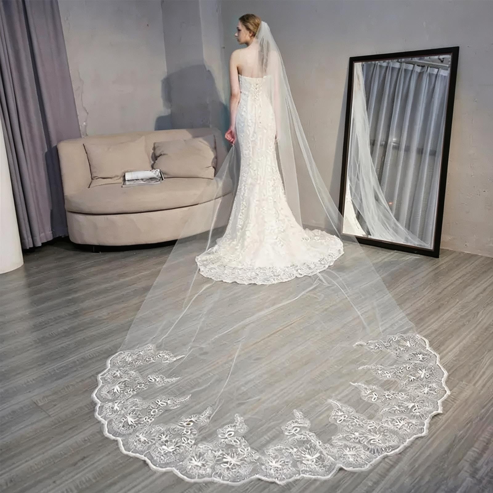 Velo da Sposa in Stile Chiesa con Bordo in Pizzo, Accessorio per Matrimonio, Lungo 300 Cm, con Pettine per Capelli, Adatto A Spose E Ragazze(White)