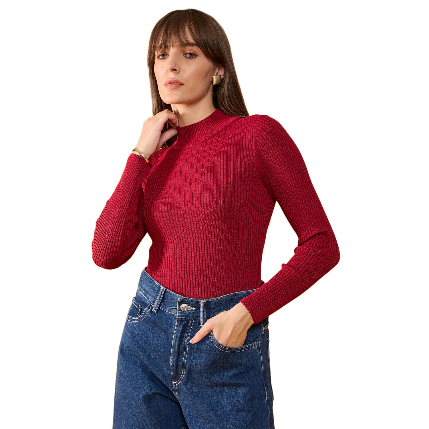 98 Degree Women Pure Cotton High Neck Sweater Has A Full Sleeve & Straight Hem-AW25AZG1156-BLACK