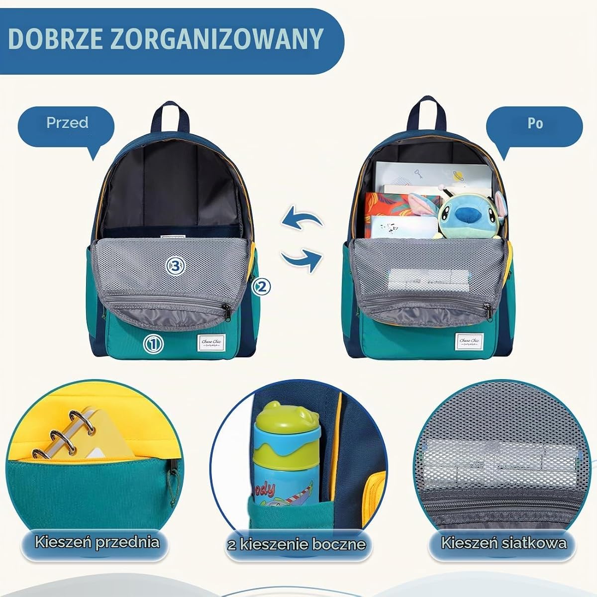 Chase Chic Plecak dziecięcy – lekki, wodoodporny tornister szkolny dla chłopców i dziewczynek, idealny do podróży i przedszkola