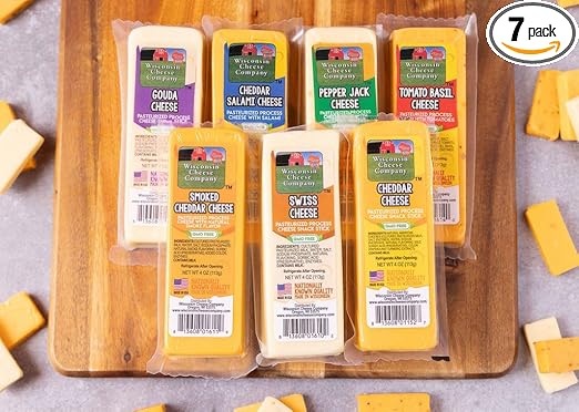 Wisconsin Cheese Company - Specialty 100% Wisconsin Cheese Block Assortment Sampler - (Pack of 7 Blocks) Cheddar, Pepper Jack, Swiss, Gouda, Salami, Smoked Cheddar & Tomato Basil | Perfect for Parties, Charcuterie Boards and Birthday Gifts | Great Birthda