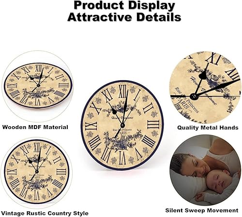 Miniatura 5 de UanMere Reloj de pared estilo rústico azul de estilo francés, 15 pulgadas, movimiento silencioso, estilo rústico, fácil de leer