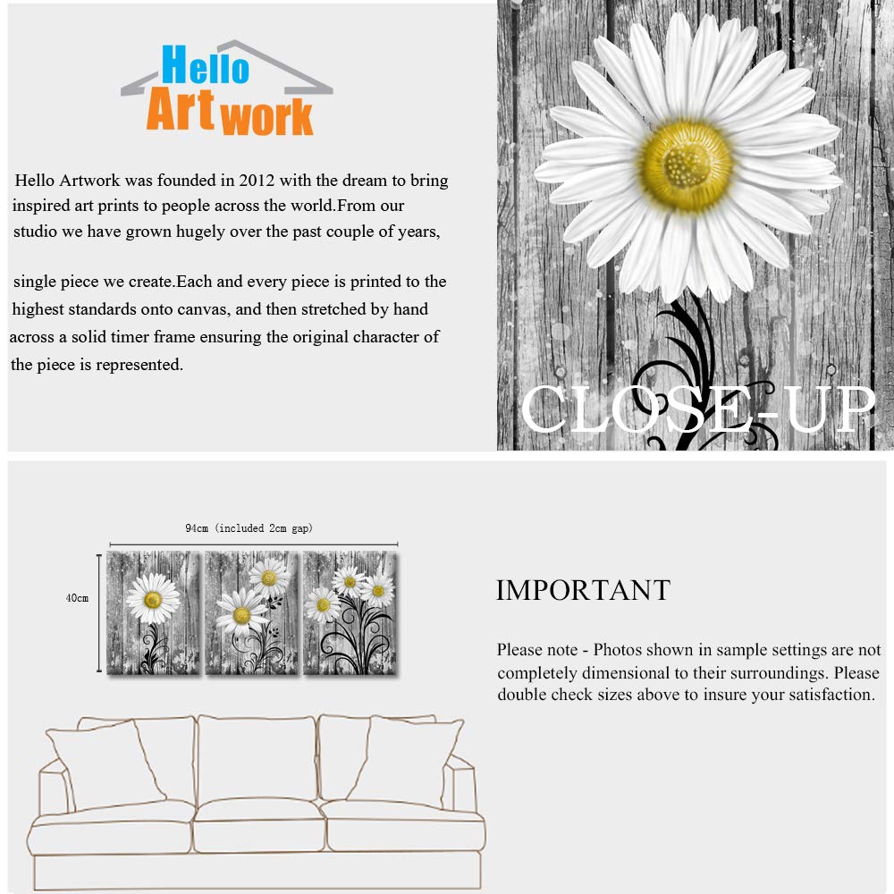 iHAPPYWALL 3 Pieces Bathroom Wall Art Yellow Gray Daisy Flowers Vintage Grey Floral Picture Print on Canvas for Rustic Bath Bedroom Kitchen Decor Stretched and Framed Ready to Hang 12x16inchx3pcs