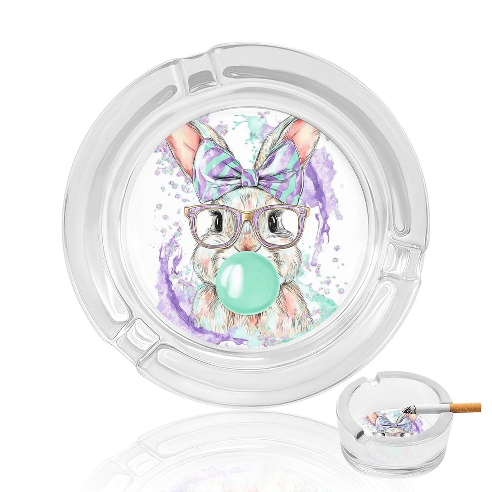 Bunny with Striped Glasses And Bow Watercolor Glass Ashtray for Cigarettes Portable Decorative Ash Trays for Home Office Decor