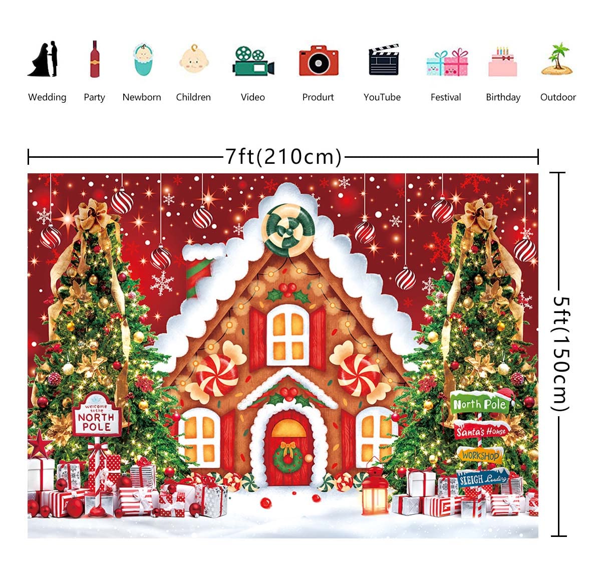 Mocsicka Weihnachts-Lebkuchenhaus Fotohintergrund – 2,1 X 1,5 M, Vinyl, Rotes Lebkuchenhaus Mit Schnee