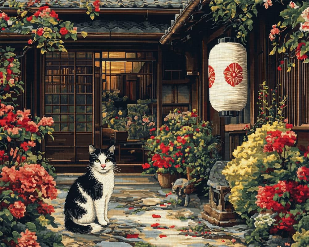 Henypt 11Ct Cross Stitch, Courtyard Cat 11 Count Counted Stamped Pre Printed Cross Stitch Embroidery Kits for Adults Beginners Starter Advanced Easy Crossstitch Patterns Set Wall Decor 40X50