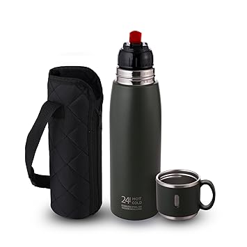 CELLO Duro Cup Style Thermosteel Flask, 750ml, Military Green | 24 Hours Hot & Cold Bottle | Dual Purpose Cup & Cap| Flask for tea coffee | Ideal For Office, Gym, Home, Kitchen,Trekking, Travel Bottle - image, photos